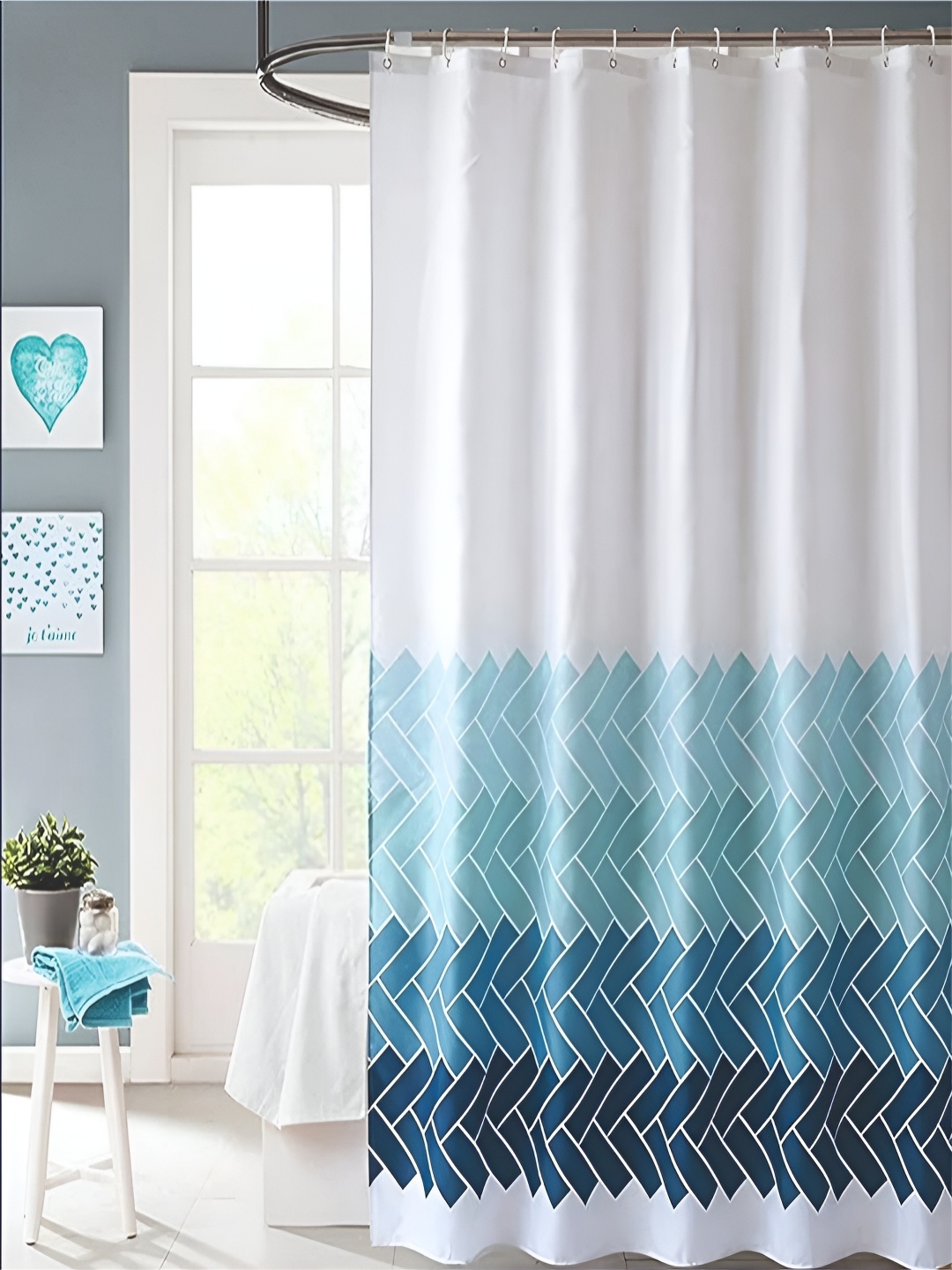 

homewards White & Blue 13 Pieces Printed Waterproof Shower Curtains With Hooks
