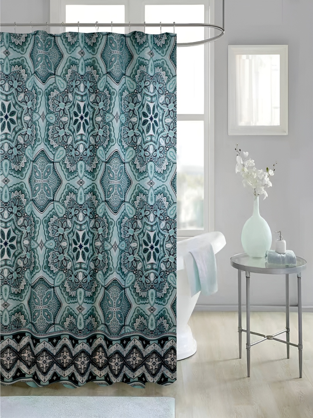 

homewards Blue & White 13 Pieces Printed Waterproof Shower Curtains With Hooks