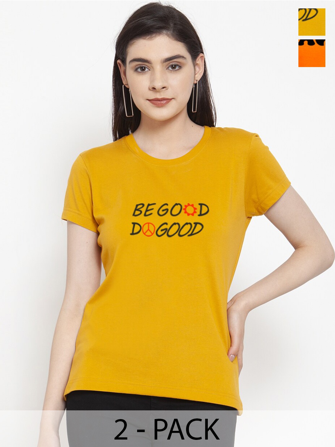 

Friskers Pack Of 2 Typography Printed Round Neck Pure Cotton T-shirts, Mustard