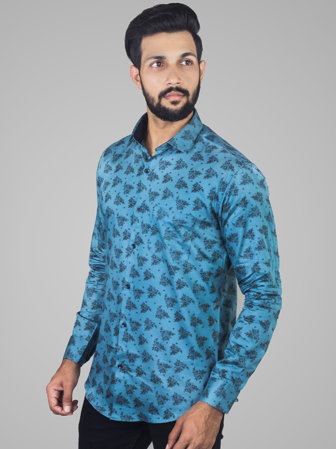 

INDIAN THREADS Comfort Floral Printed Cotton Formal Shirt, Blue