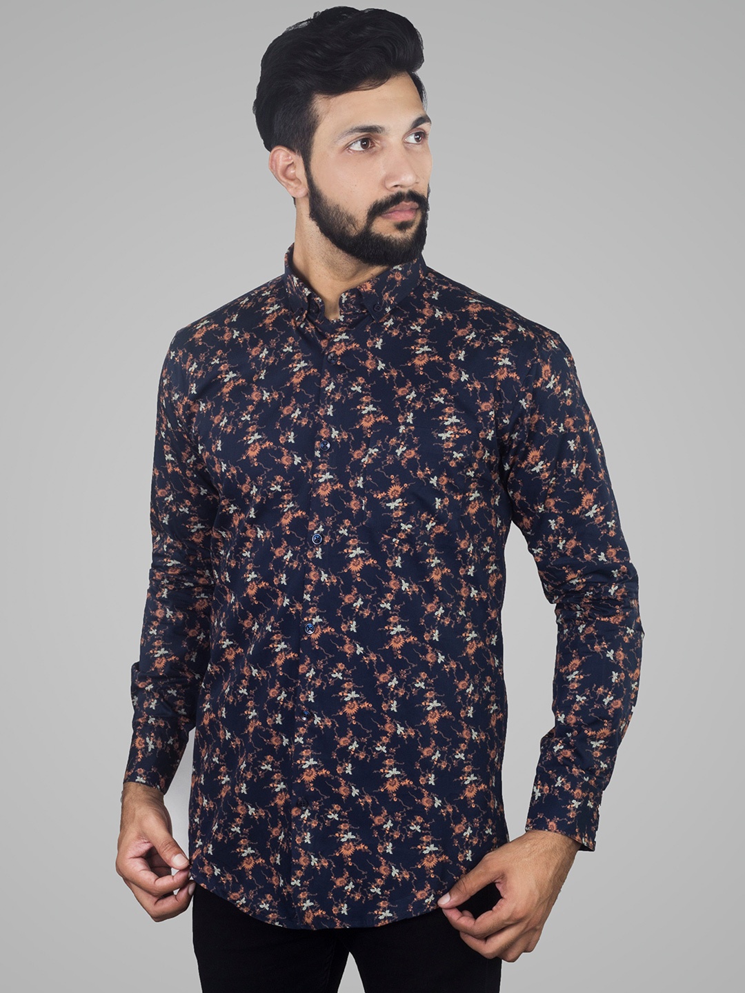 

INDIAN THREADS Comfort Floral Printed Cotton Casual Shirt, Blue