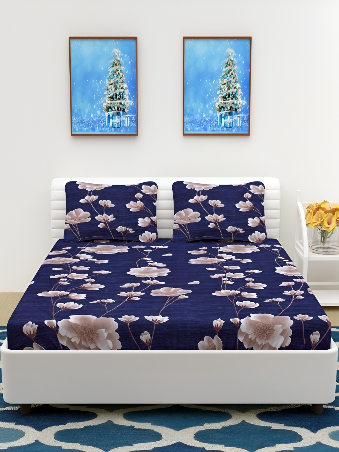 

RIDHAAN Navy Blue & White Floral 300 TC Queen Bedsheet with 2 Pillow Covers