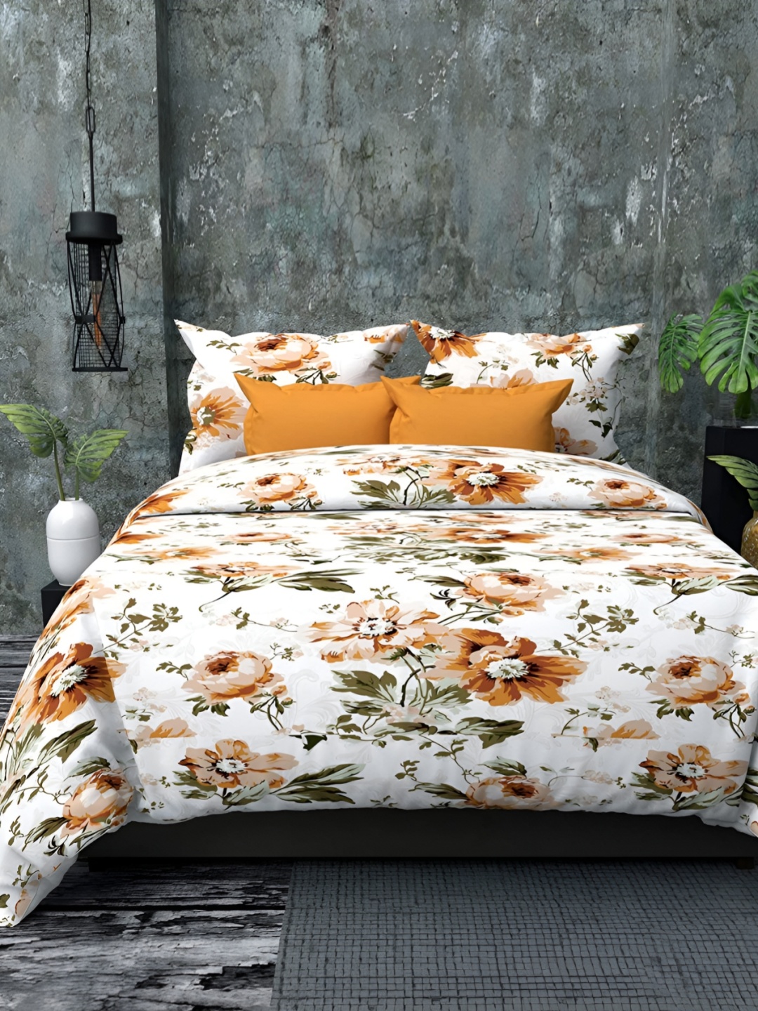 

RIDHAAN White & Yellow Floral 300 TC Queen Bedsheet with 2 Pillow Covers