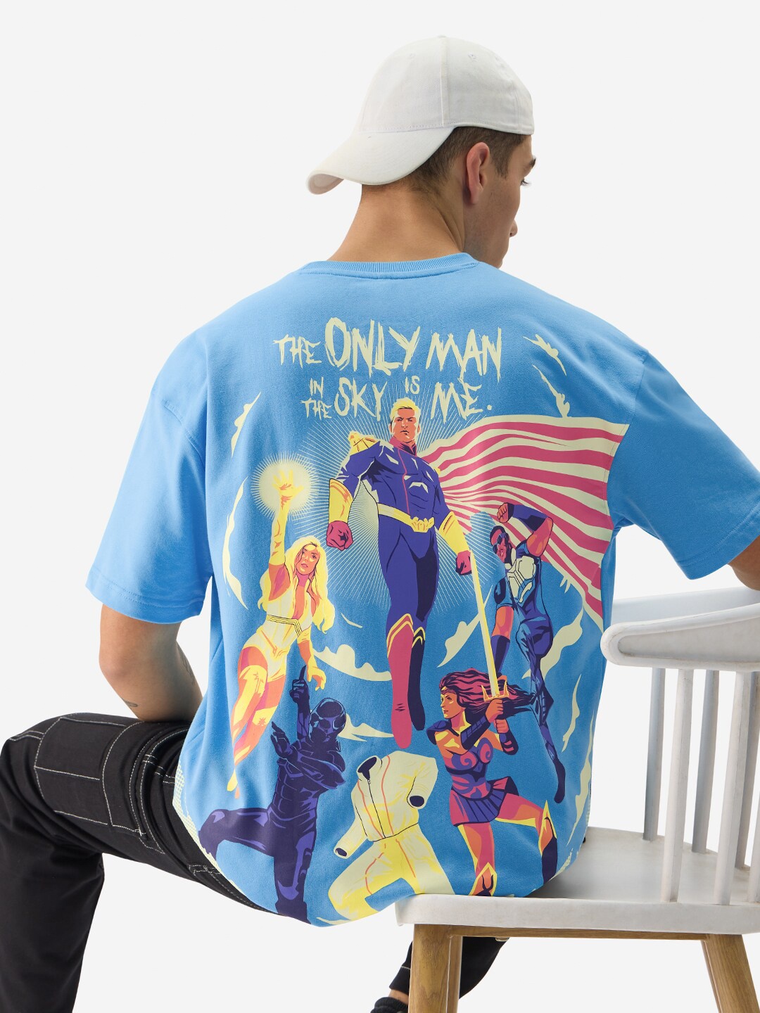 

The Souled Store Superhero Printed Drop-Shoulder Sleeves Cotton Oversized T-shirt, Blue