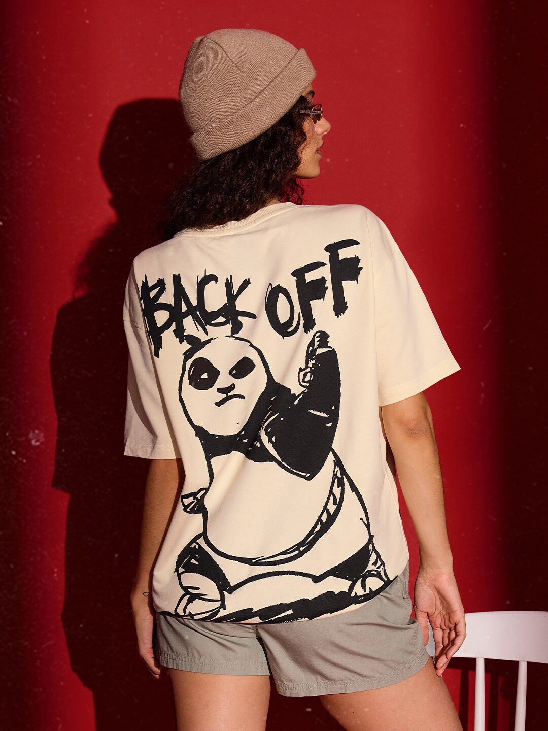 

The Souled Store Women Kung Fu Panda Printed V-Neck Raw Edge T-shirt, Off white