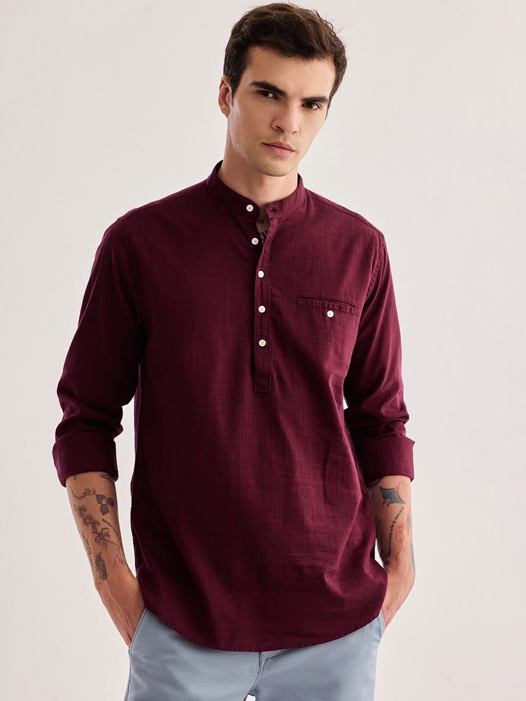 

Red Flame Band Collar Pure Cotton Straight Kurta, Maroon