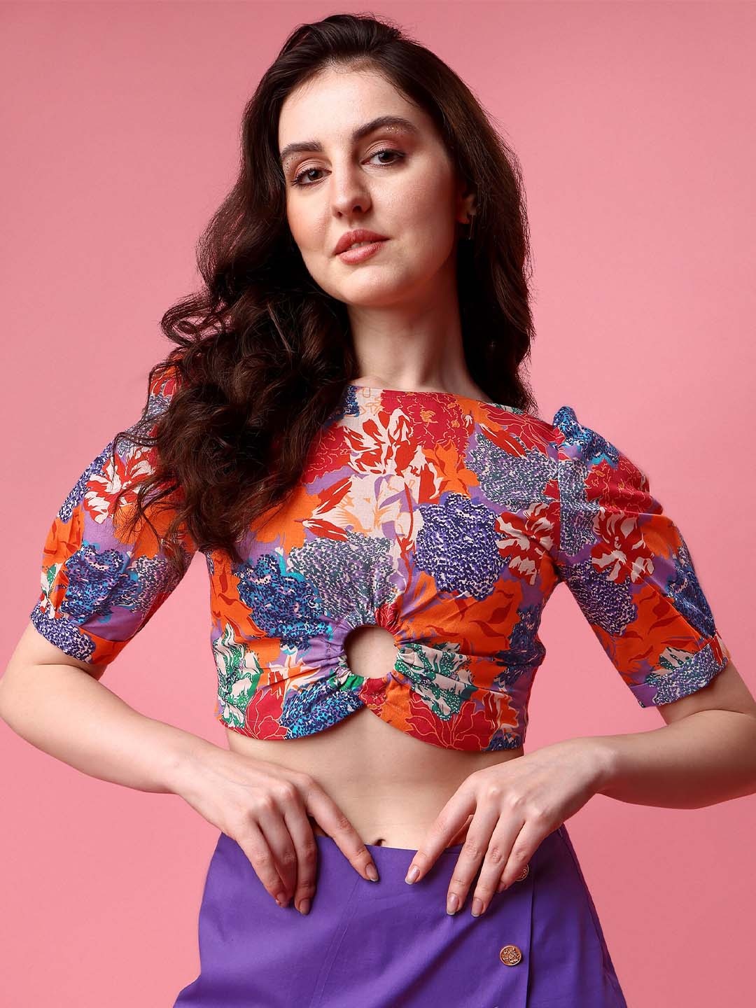 

GARDEN PARTY Abstract Print Cotton Round Neck Short Sleeves Crop Fitted Casual Top, Blue