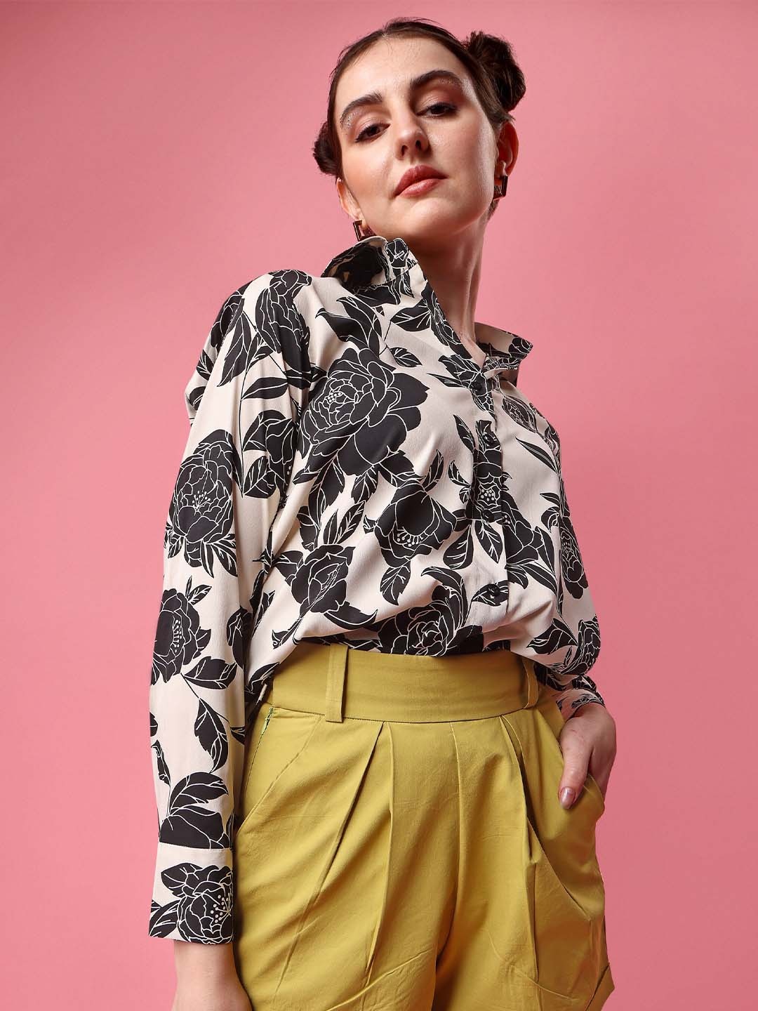 

GARDEN PARTY Floral Print Shirt Collar Crepe Blouson Casual Top, Black