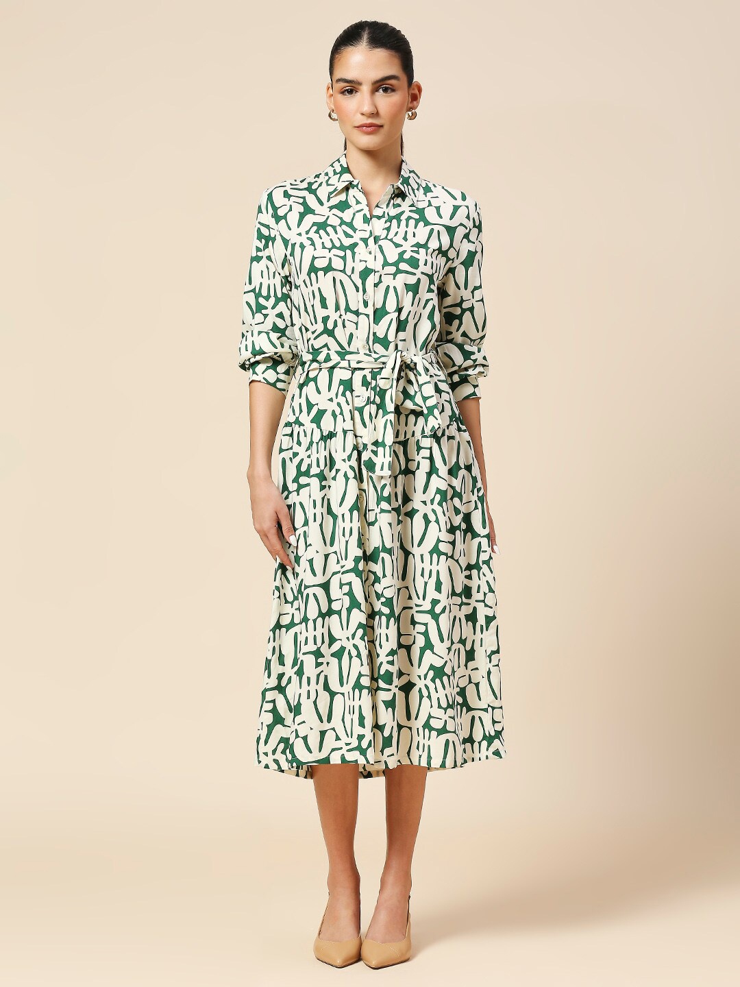 

Chemistry Abstract Print Shirt Collar Flared Midi Shirt Dress, Green