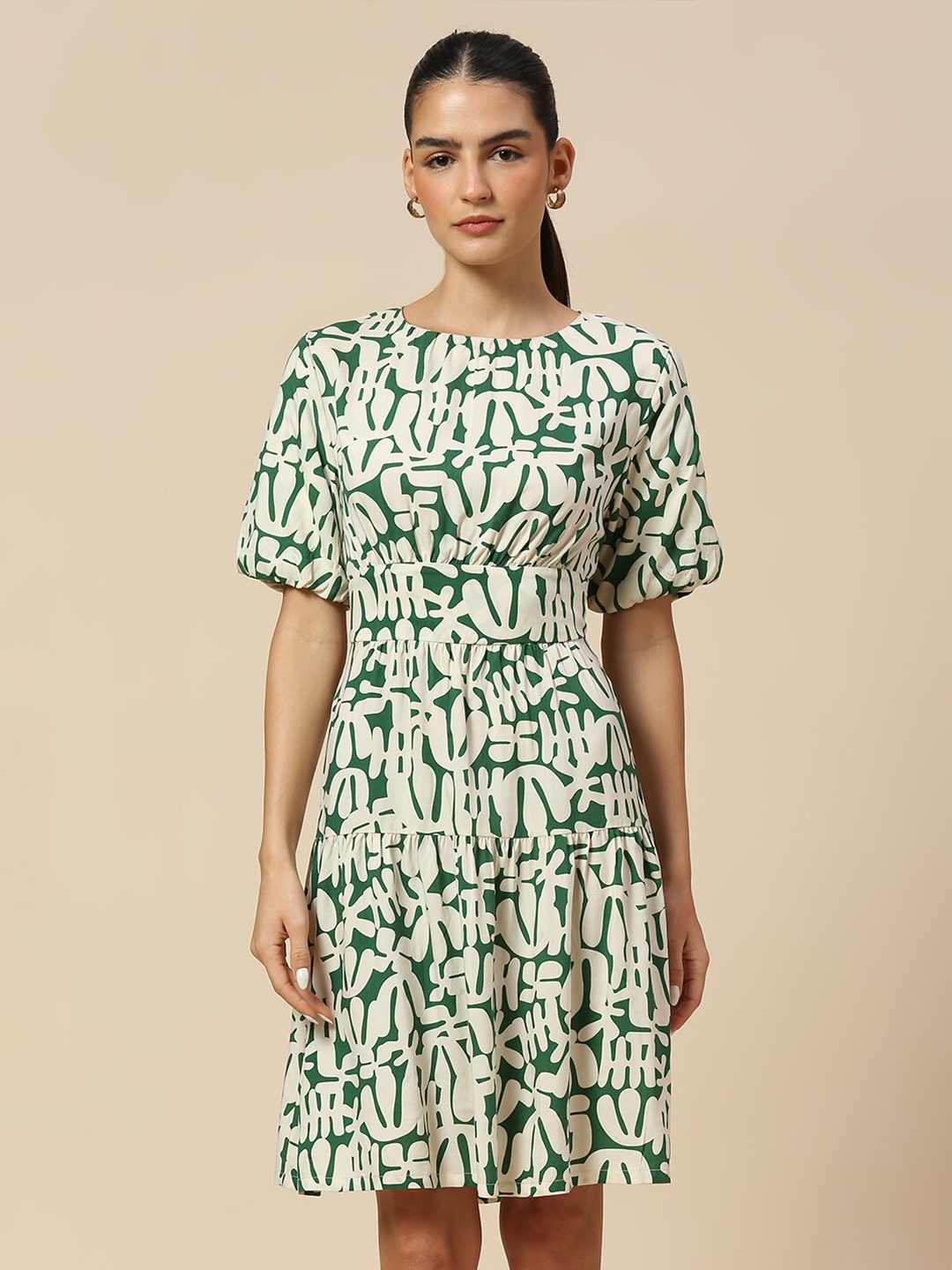 

Chemistry Geometric Printed Puff Sleeves Cut-Out Detailed Pure Modal Fit & Flare Dress, Green