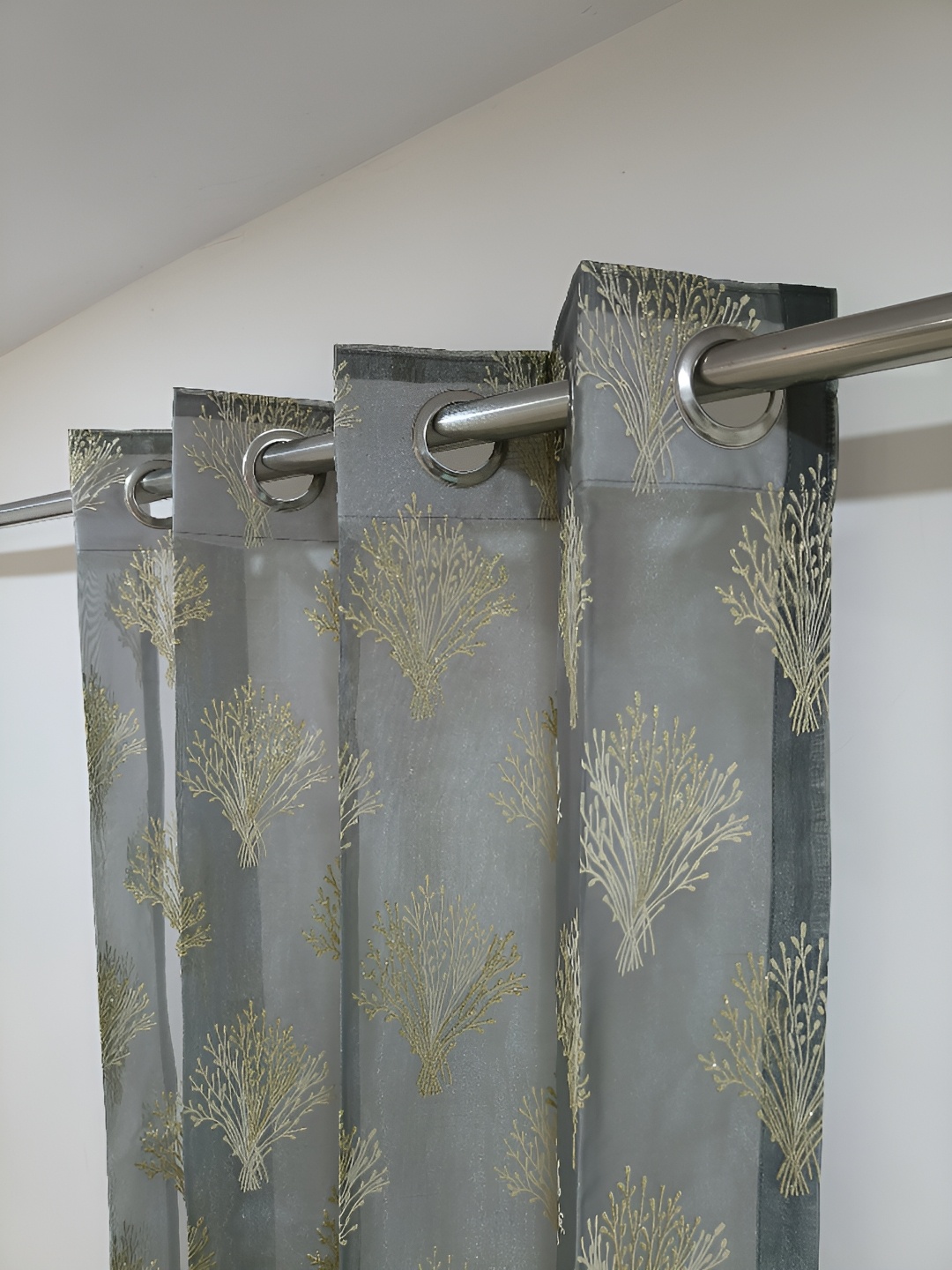 

RIDHAAN Grey & Gold-Toned 2 Pieces Floral Tissue Sheer Long Door Curtain