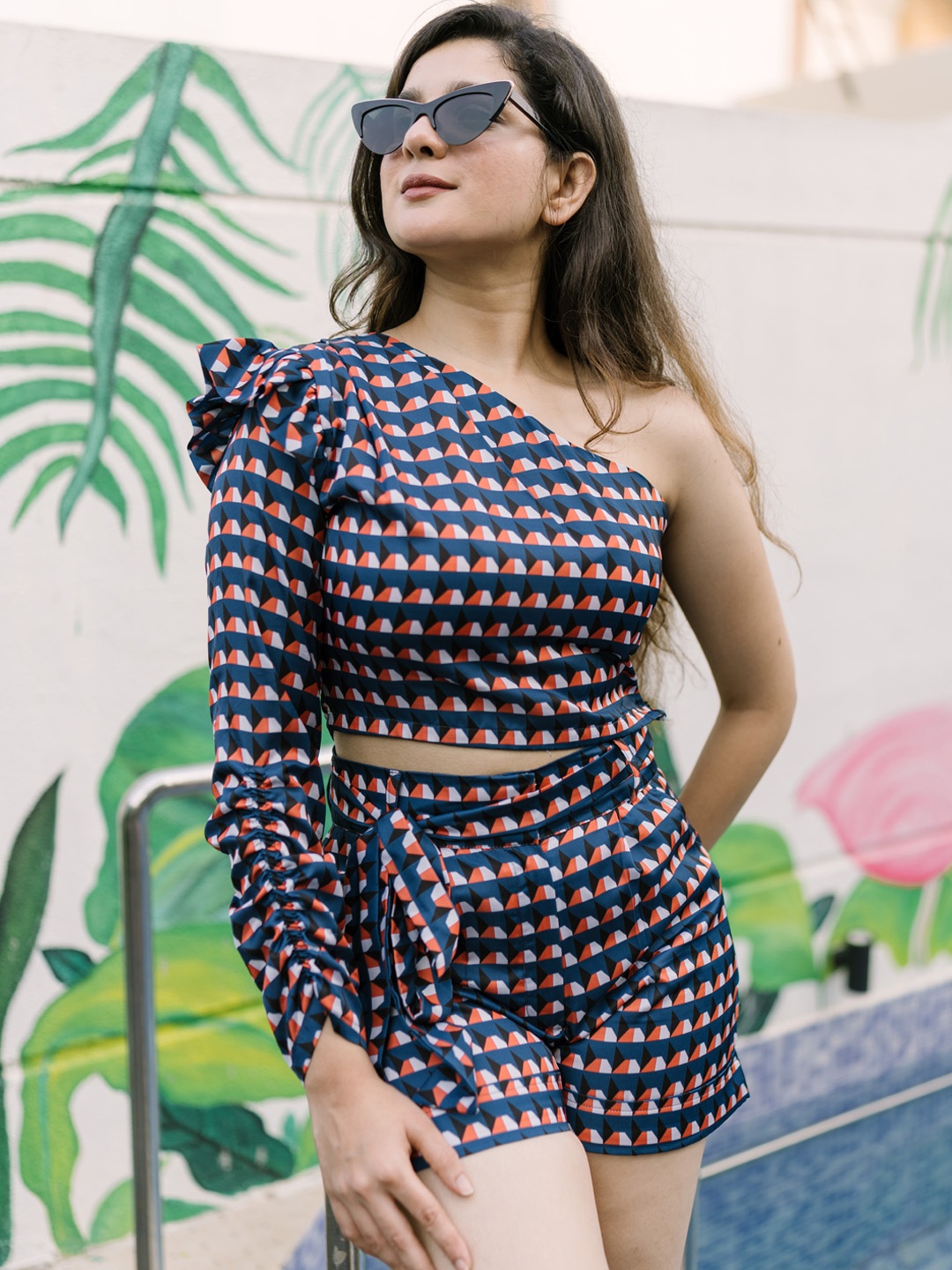 

GARDEN PARTY Geometrical Printed Ruffled One Shoulder Pure Cotton Crop Top & Shorts, Black