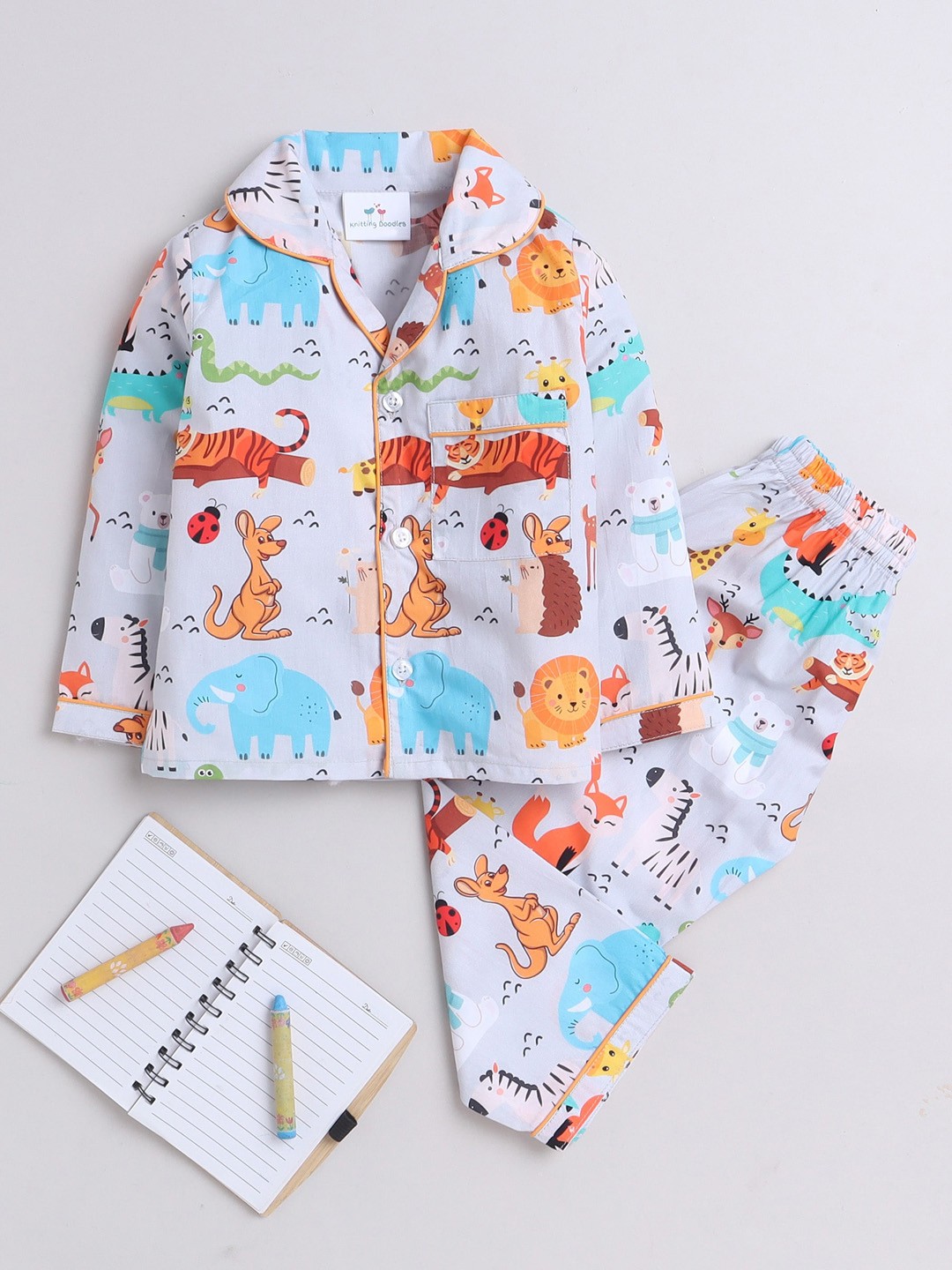 

Knitting Doodles Kids Printed Pure Cotton Night suit, White