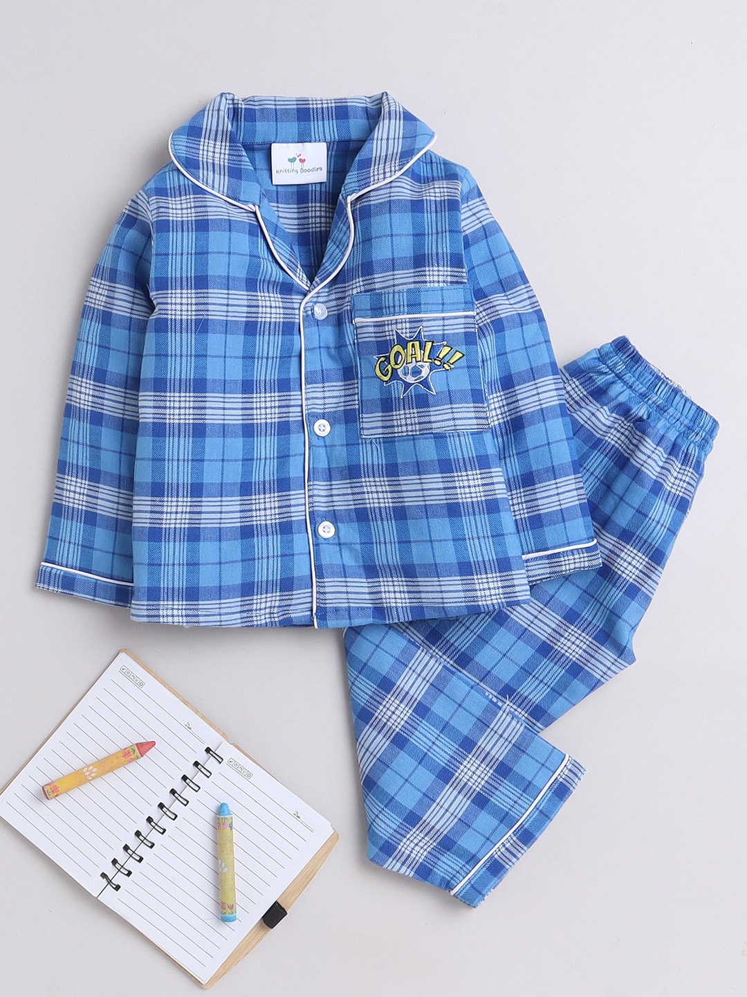 

Knitting Doodles Kids Checked Pure Cotton Night Suit, Blue