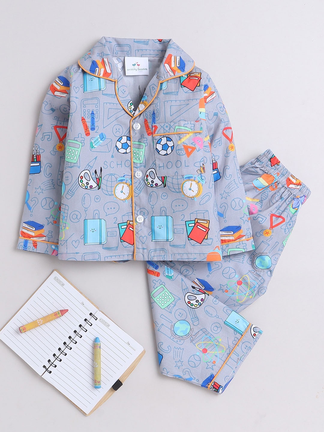 

Knitting Doodles Kids Conversational Printed Pure Cotton Night Suit, Grey