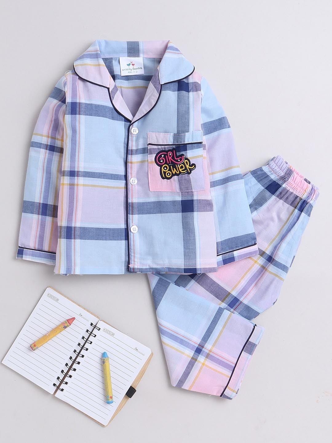 

Knitting Doodles Girls Checked Pure Cotton Night suit, Pink