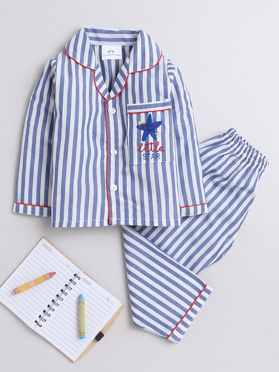 

Knitting Doodles Kids Printed Pure Cotton Night suit, Blue