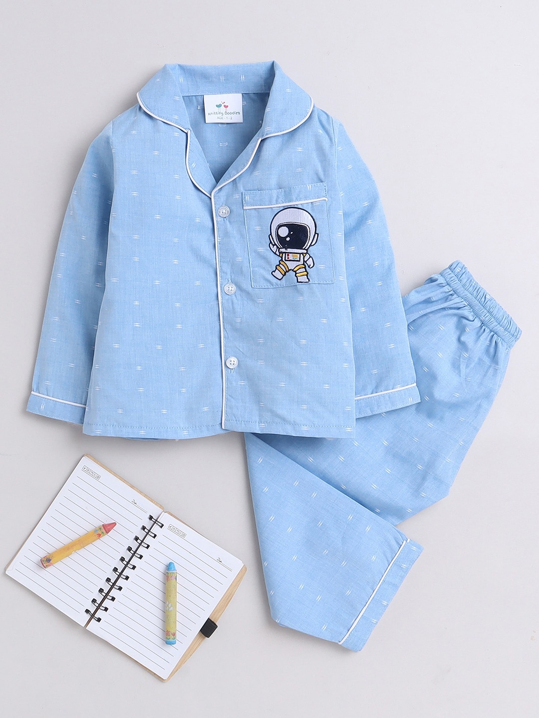 

Knitting Doodles Kids Printed Pure Cotton Night suit, Blue