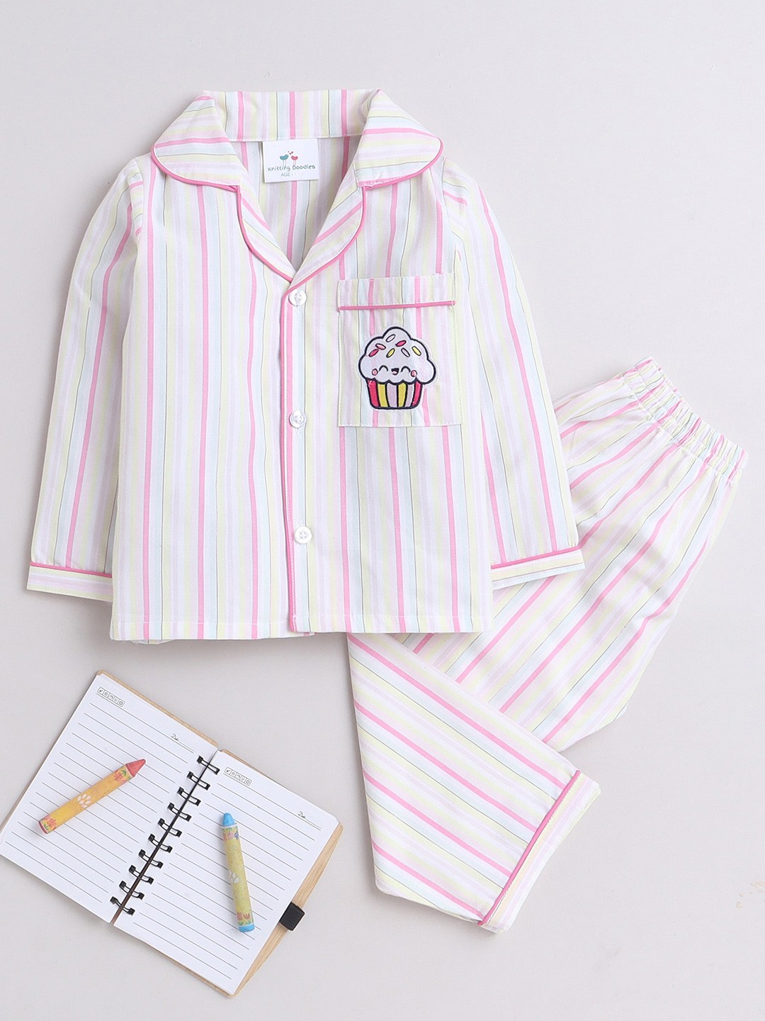 

Knitting Doodles Girls Striped Pure Cotton Night Suit, White