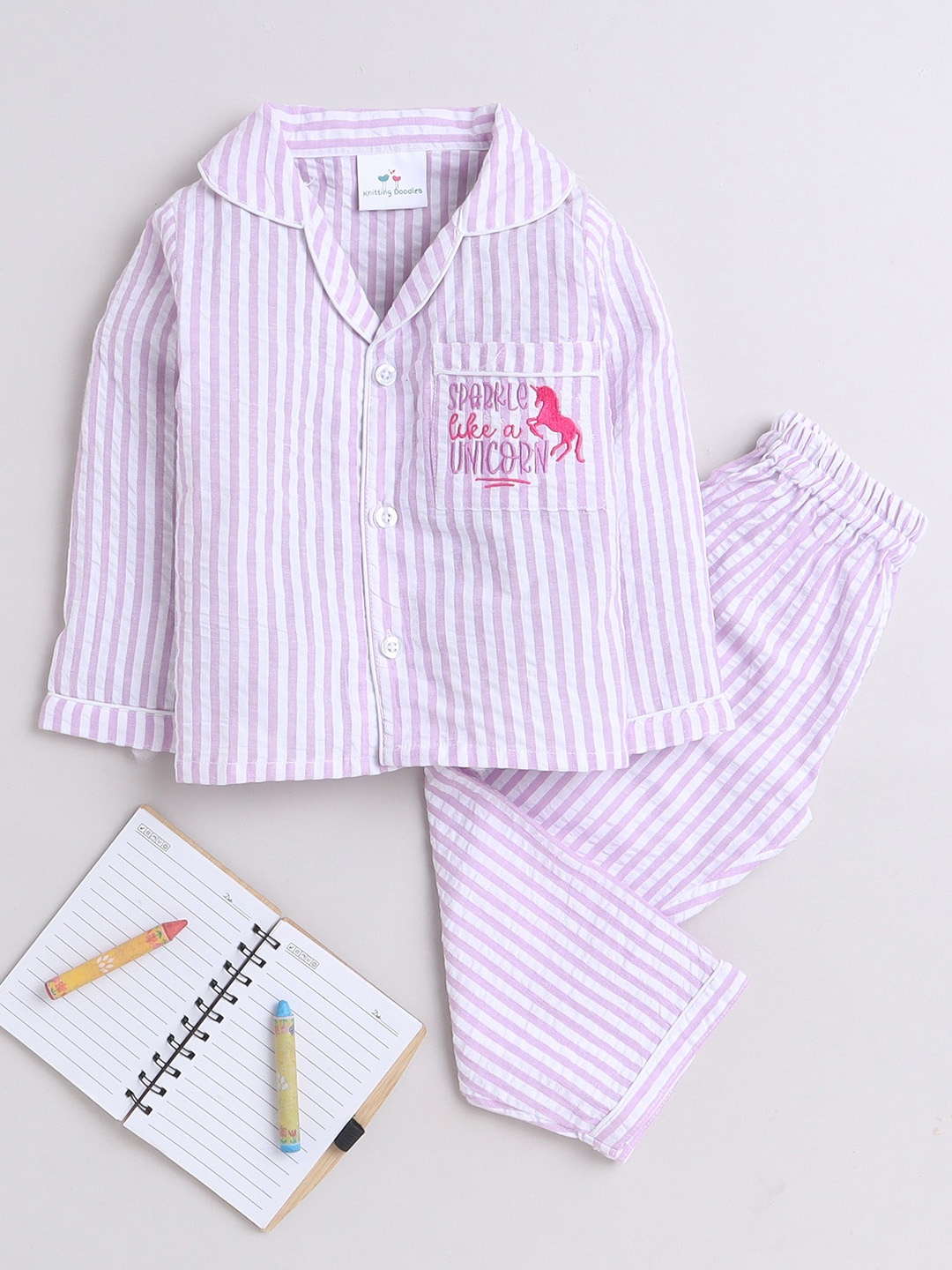 

Knitting Doodles Girls Striped Pure Cotton Night suit, Purple