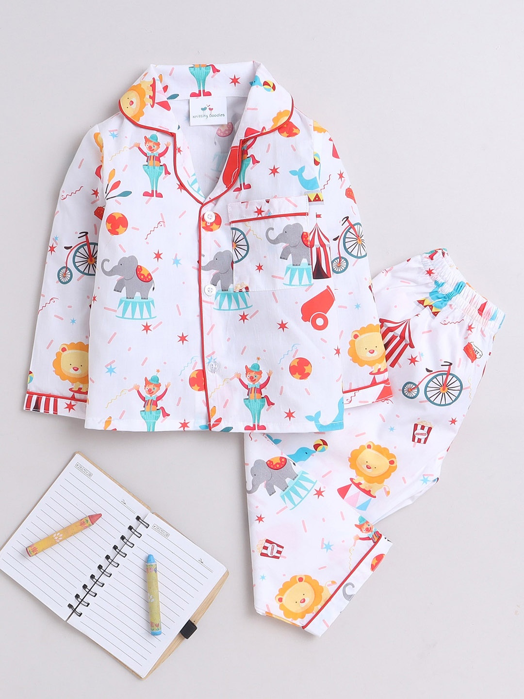 

Knitting Doodles Kids Printed Pure Cotton Night suit, White