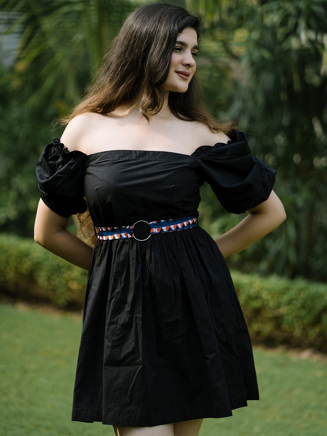 

GARDEN PARTY Off-Shoulder Puff Sleeves Fit & Flare Dress, Black