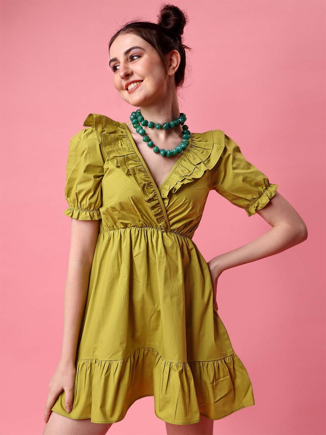 

GARDEN PARTY Puff Sleeves Ruffled Fit & Flare Dress, Lime green