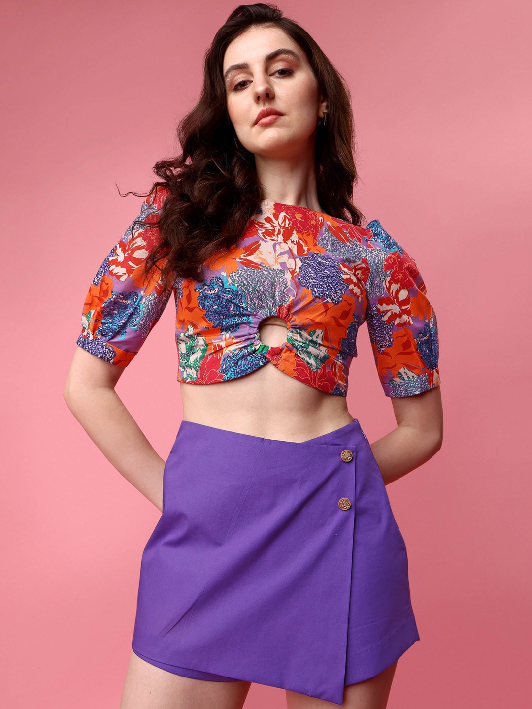 

GARDEN PARTY Printed Pure Cotton Crop Top & Shorts Co-Ords, Red