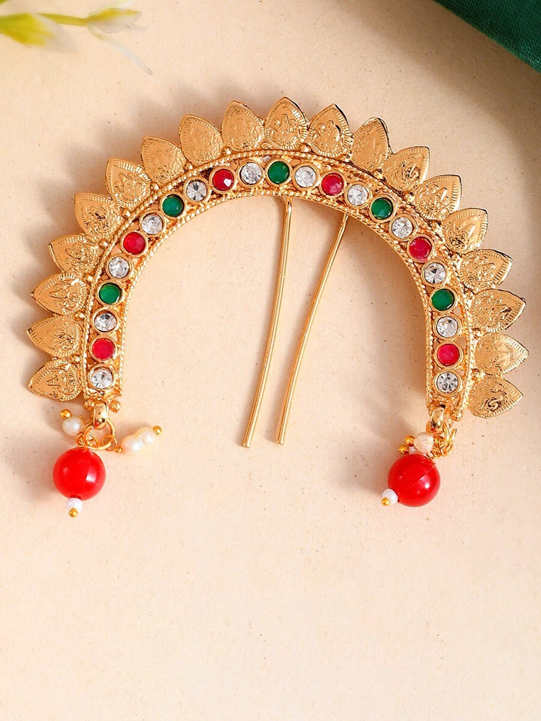 

Silvermerc Designs Gold-Plated Artificial Beads Studded Bun Pin