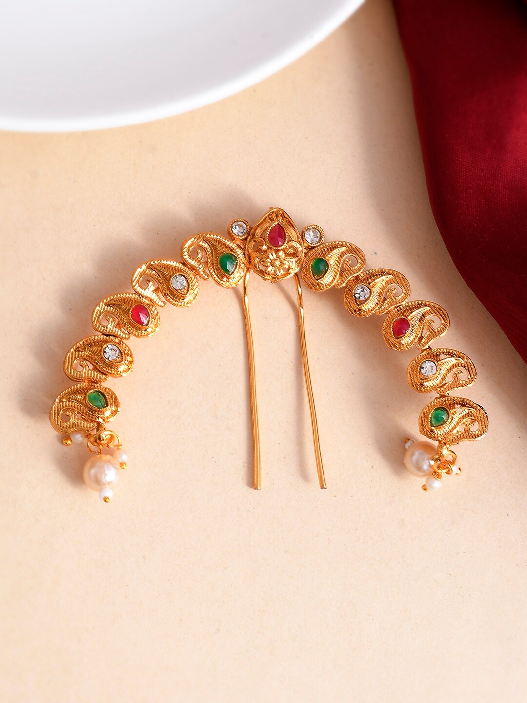 

Silvermerc Designs Gold-Plated Stones Studded Bun Pin Head Jewellery