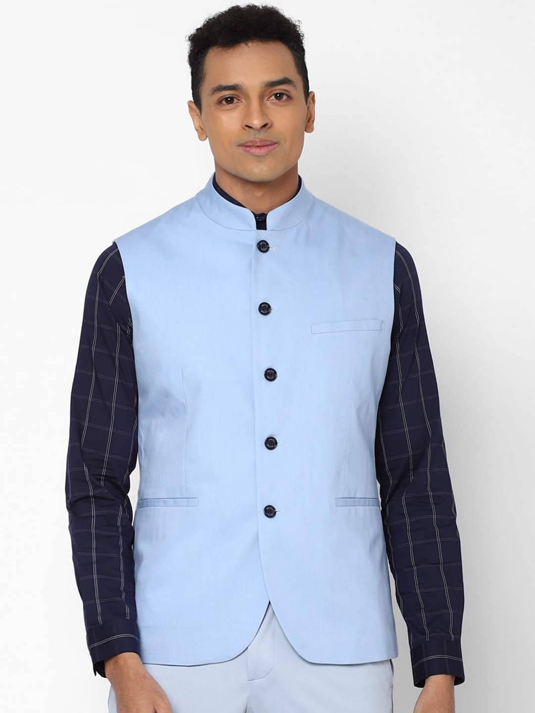 

Allen Solly Mandarin Collar Sleeveless Woven Nehru Jacket, Blue