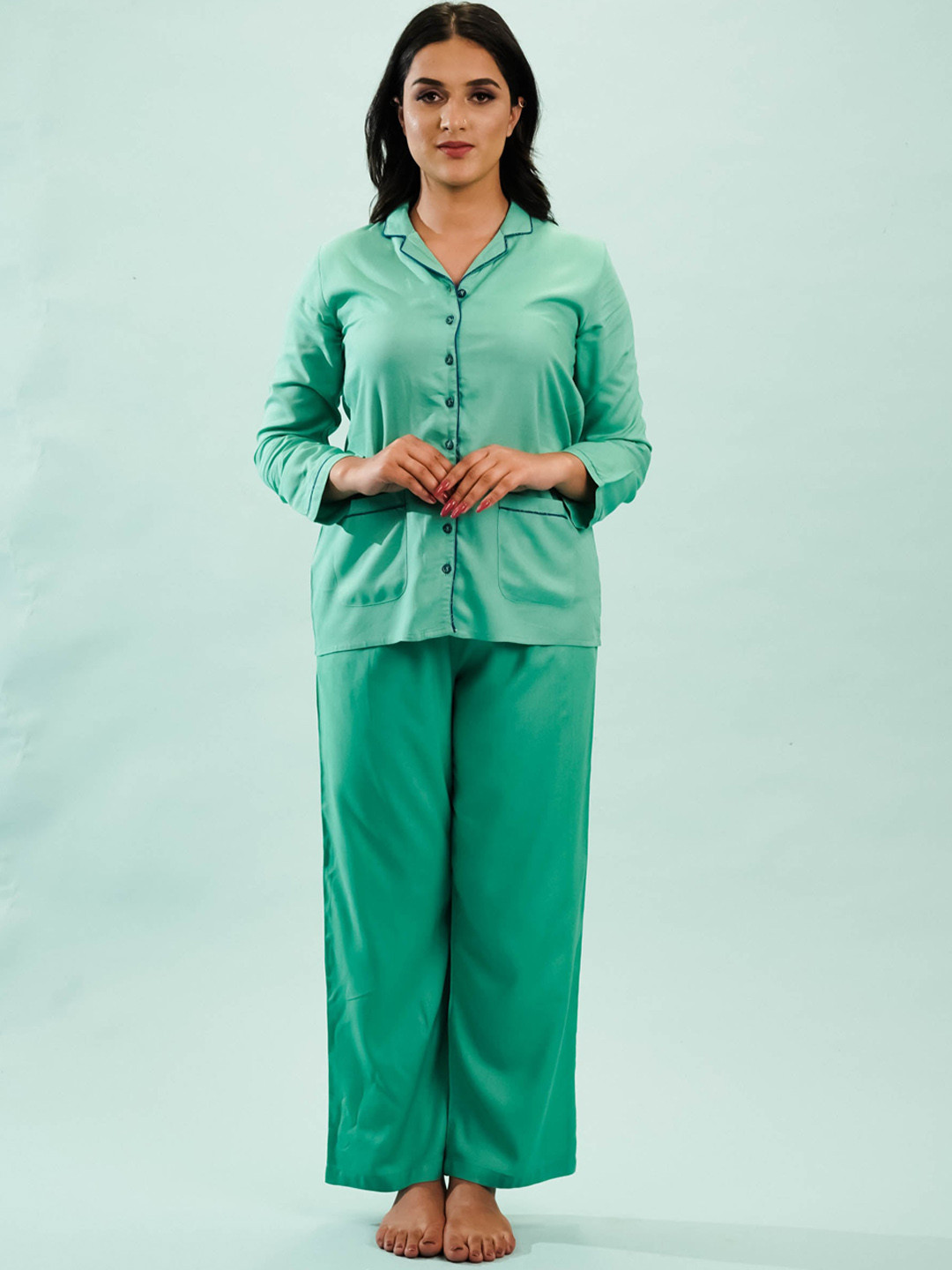 

NoLabels Lapel Collar Long Sleeves Night suit, Sea green
