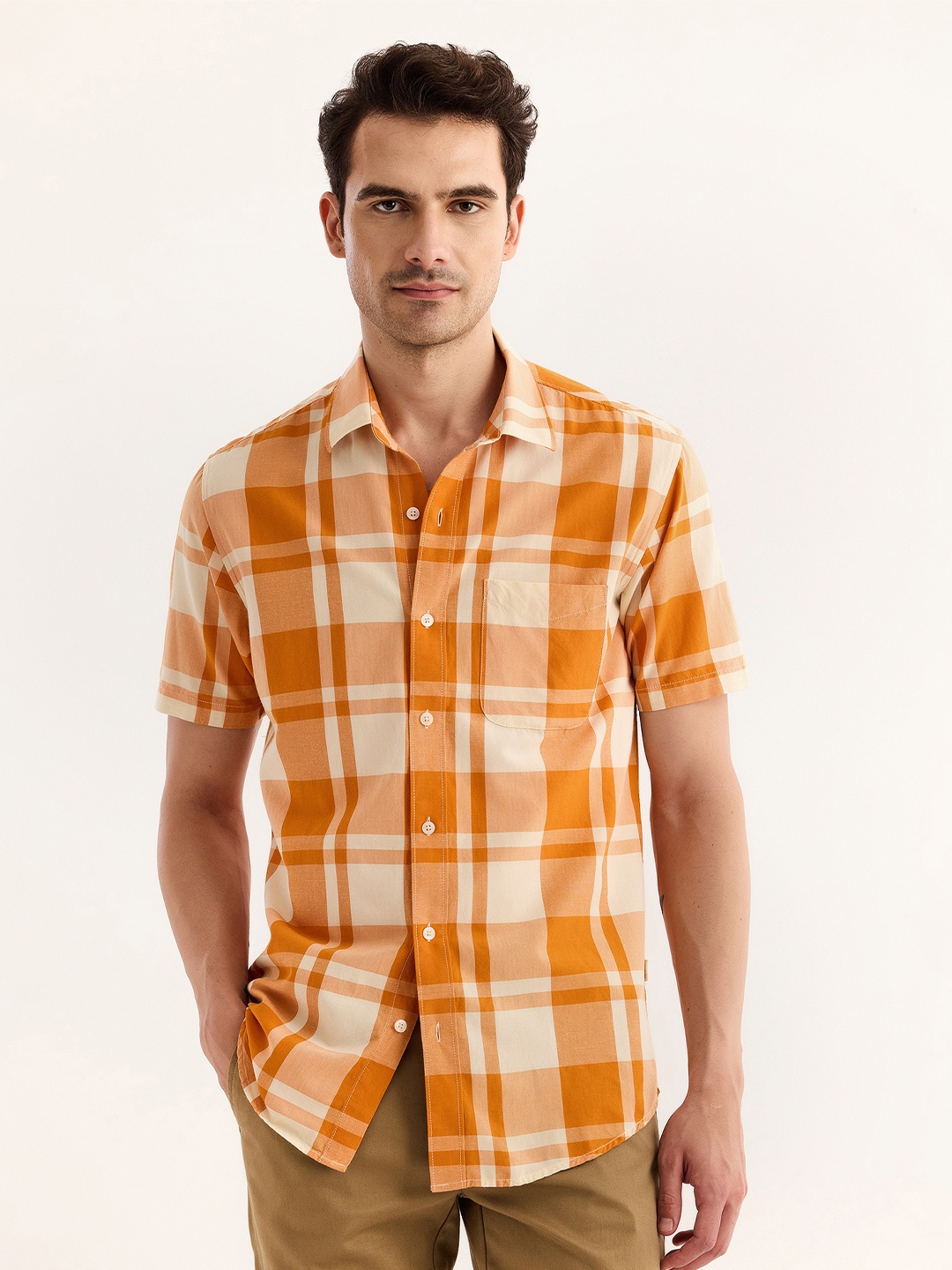 

Red Flame Tartan Checked Spread Collar Casual Shirt, Orange