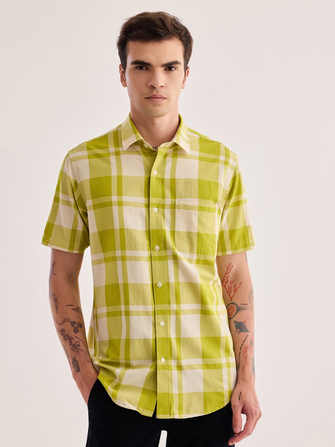 

Red Flame Buffalo Checked Cotton Casual Shirt, Green