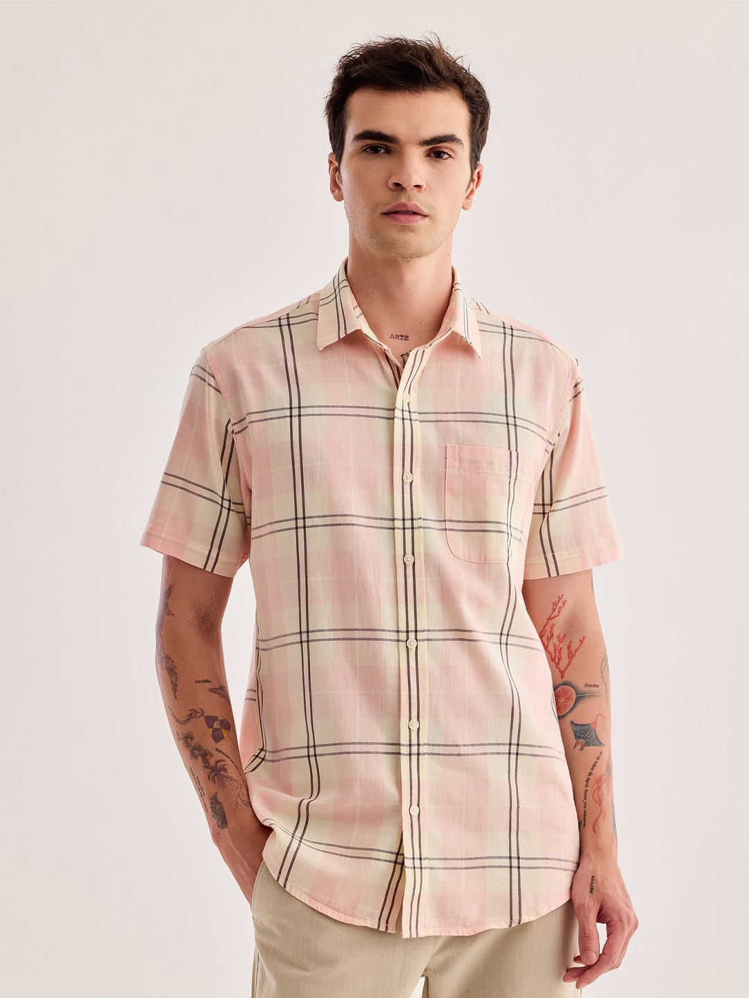 

Red Flame Tartan Checked Pure Cotton Casual Shirt, Pink