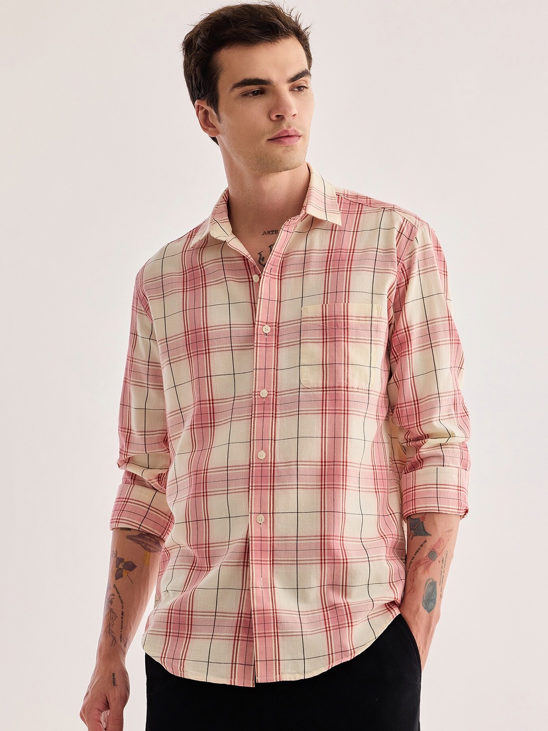 

Red Flame Tartan Checked Spread Collar Twill Cotton Casual Shirt, Cream