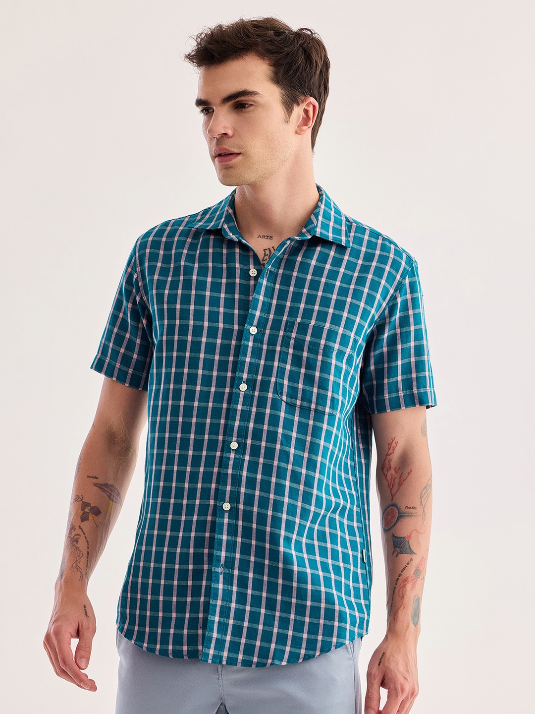 

Red Flame Tartan Checked Spread Collar Cotton Linen Casual Shirt, Green