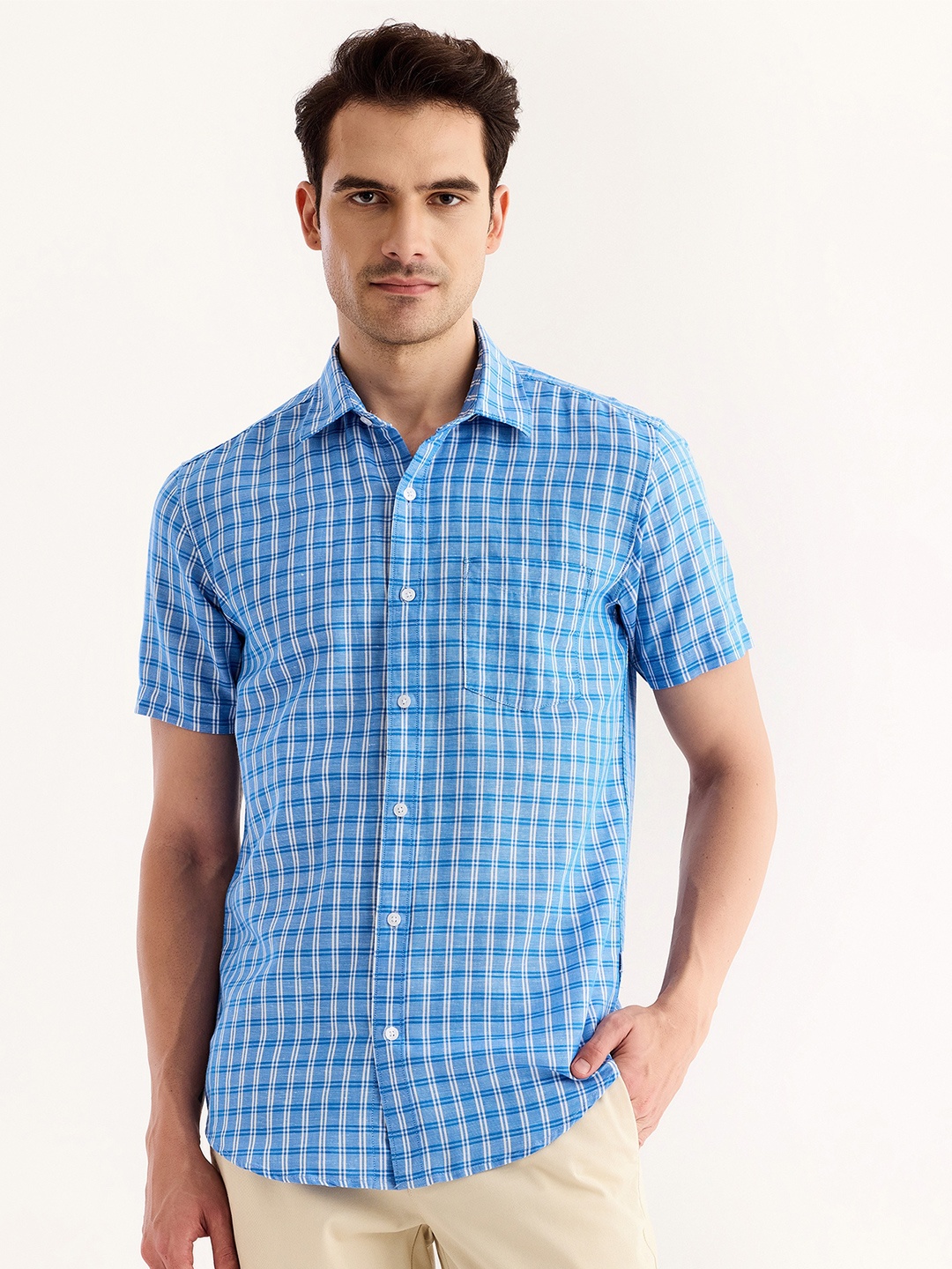 

Red Flame Tartan Checked Cotton Linen Casual Shirt, Blue