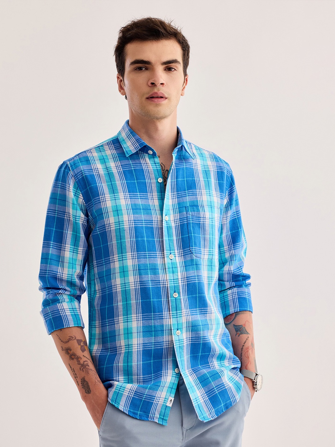 

Red Flame Tartan Checked Cotton Linen Casual Shirt, Blue