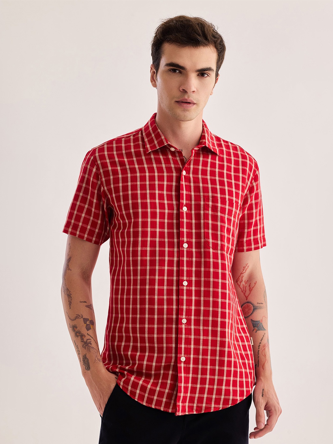 

Red Flame Gingham Checked Spread Collar Cotton Linen Casual Shirt