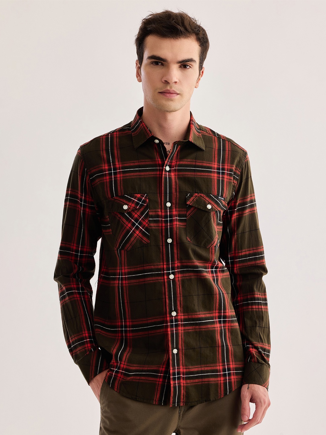 

Red Flame Tartan Checked Spread Collar Cotton Casual Shirt, Olive