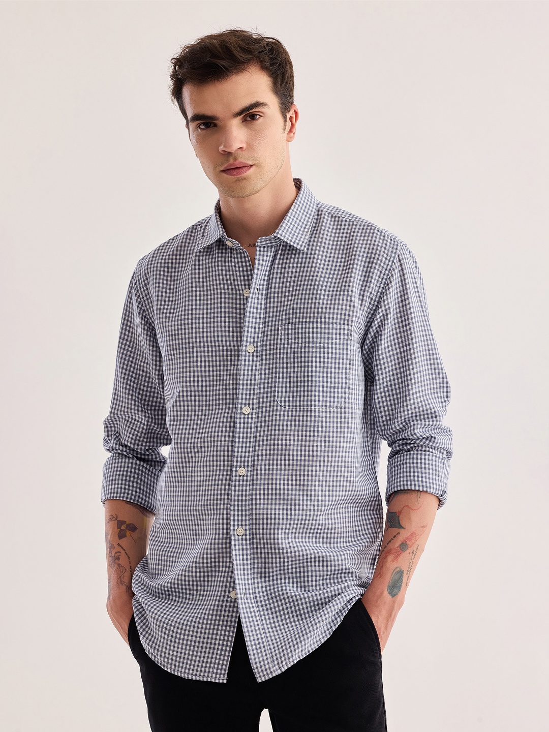 

Red Flame Micro Checks Spread Collar Cotton Linen Casual Shirt, Grey