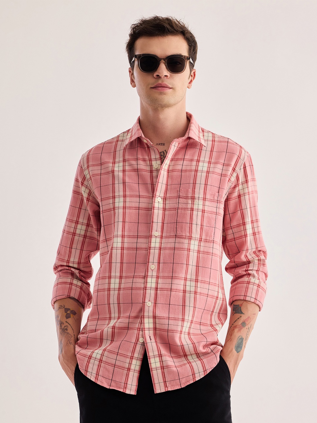 

Red Flame Checked Twill Pure Cotton Casual Shirt, Pink