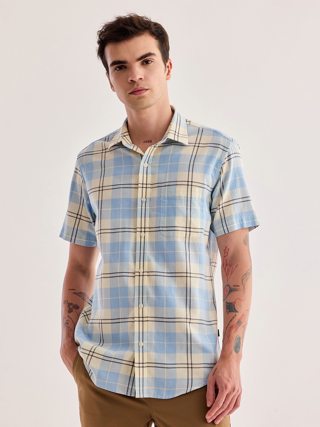 

Red Flame Tartan Checked Pure Cotton Casual Shirt, Blue