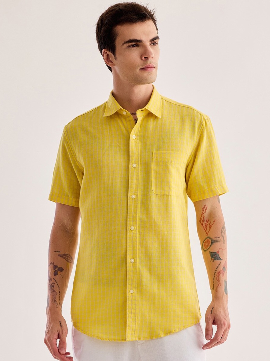 

Red Flame Gingham Checked Cotton Linen Casual Shirt, Yellow