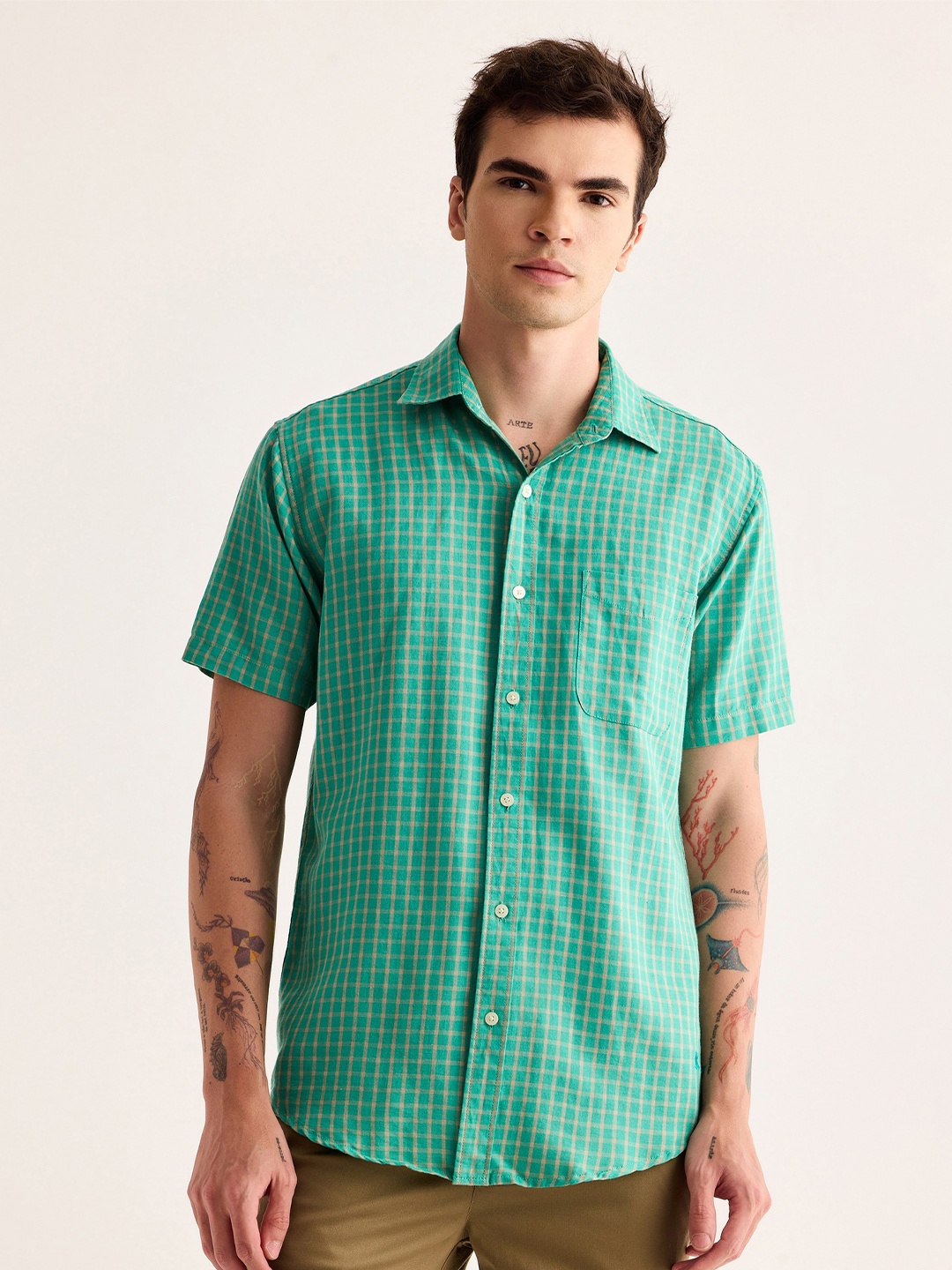 

Red Flame Tartan Checked Cotton Linen Casual Shirt, Green