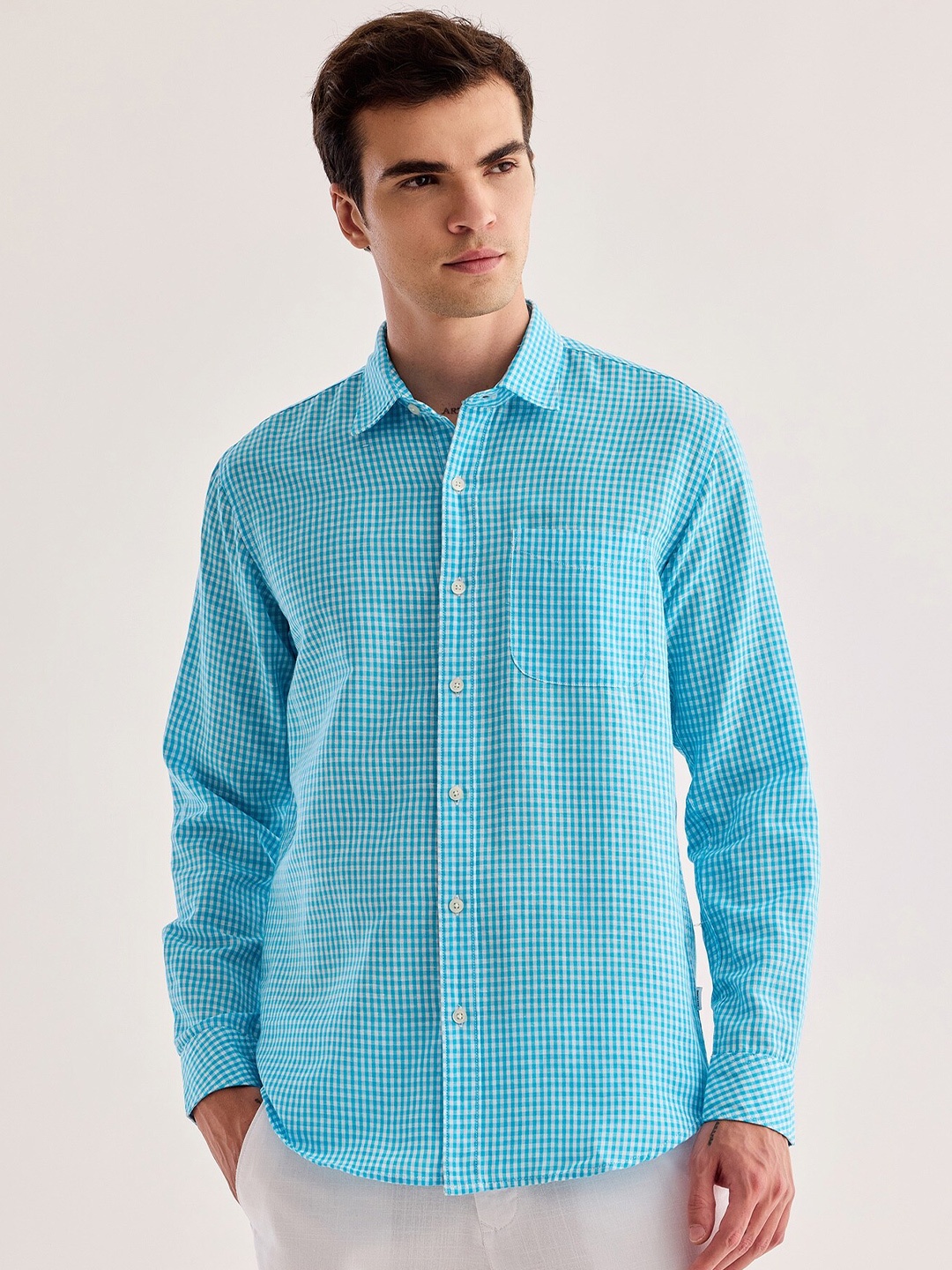 

Red Flame Gingham Checked Cotton Linen Casual Shirt, Blue