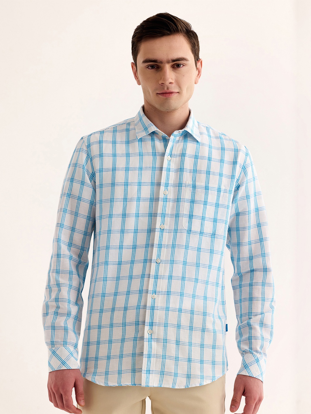 

Red Flame Tartan Checked Cotton Linen Casual Shirt, Blue