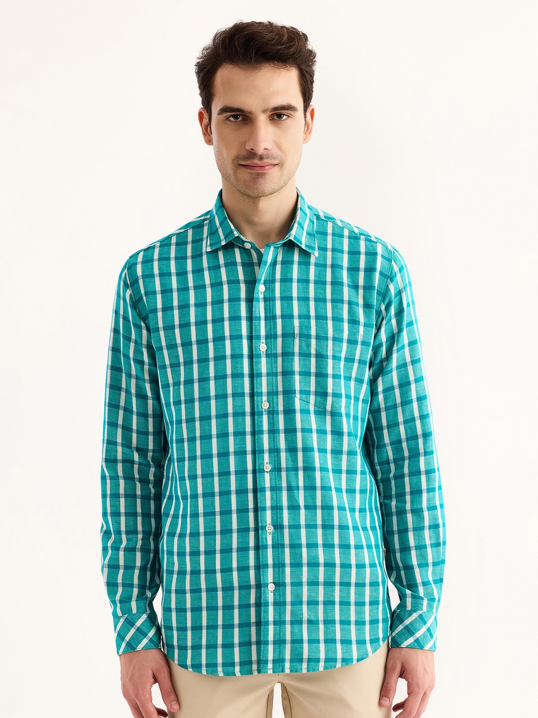 

Red Flame Tartan Checked Cotton Linen Casual Shirt, Green