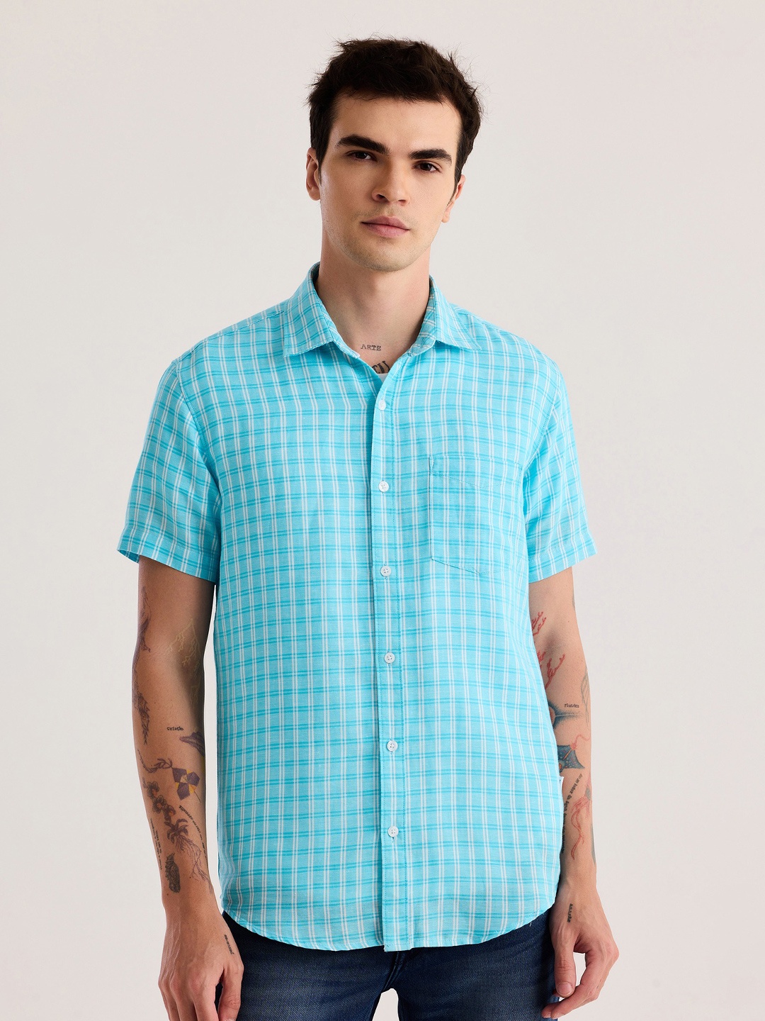

Red Flame Gingham Checked Cotton Linen Casual Shirt, Blue